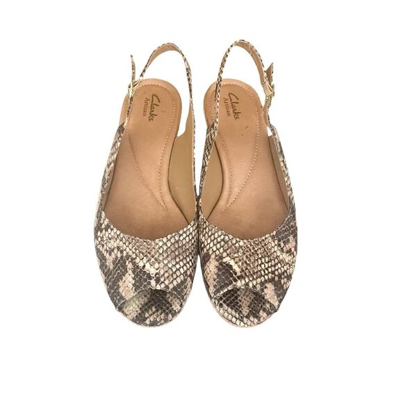 Clarks Artisan Peeptoe Slingback Cork Wedge Snakeskin Sandal Women's Size 9 - Picture 2 of 11